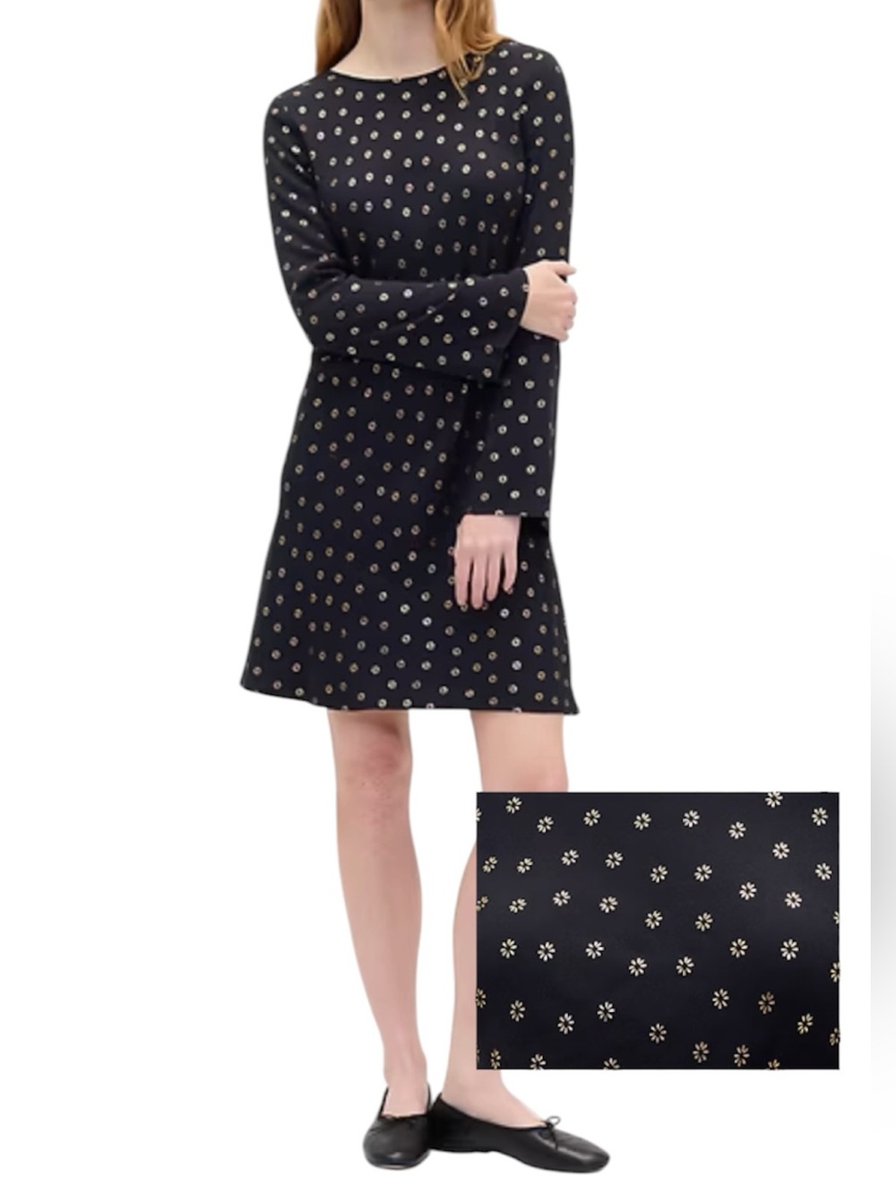 🆕 Gap boatneck black and gold floral accent long sleeve rayon dress